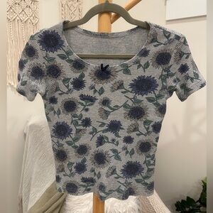 Floral Waffle Knit Baby Tee Blue Flower Print Cropped Top XS / S